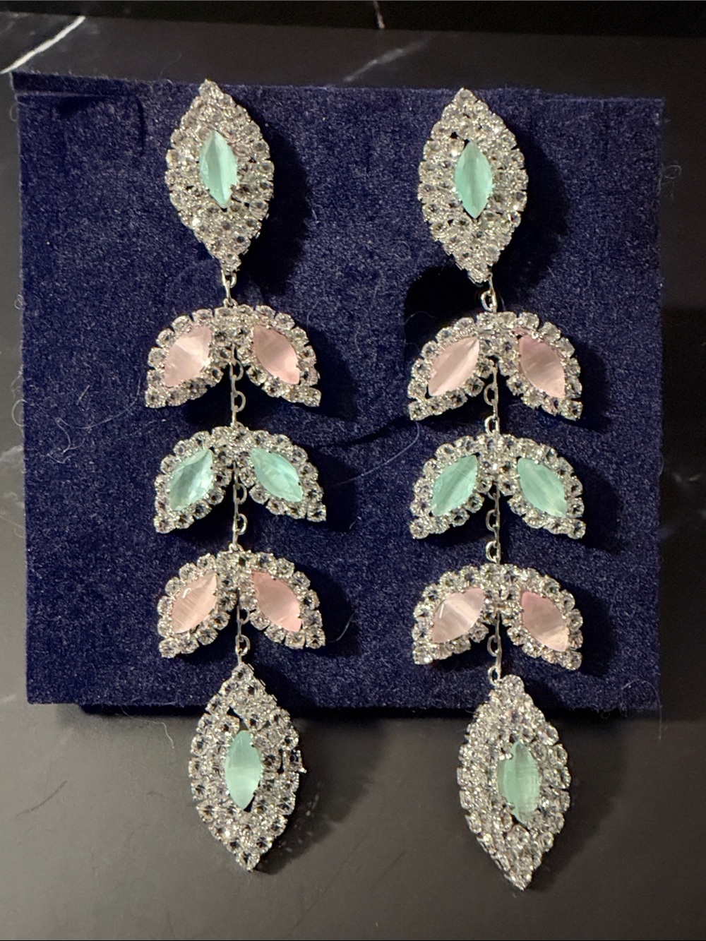 Elegant Pink & Mint Crystal Gemstones Drop Dangle Earrings